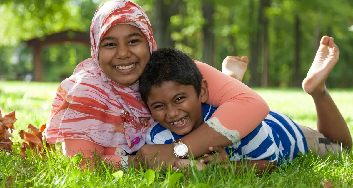 Mother and son in a park