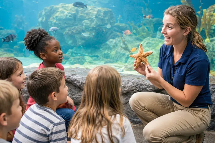 A woman in a blue polo shirt kneels beside a group of children sitting on the floor. She holds a starfish while speaking animatedly. Behind them, an aquarium filled with colorful fish and rocky aquatic landscape is visible.