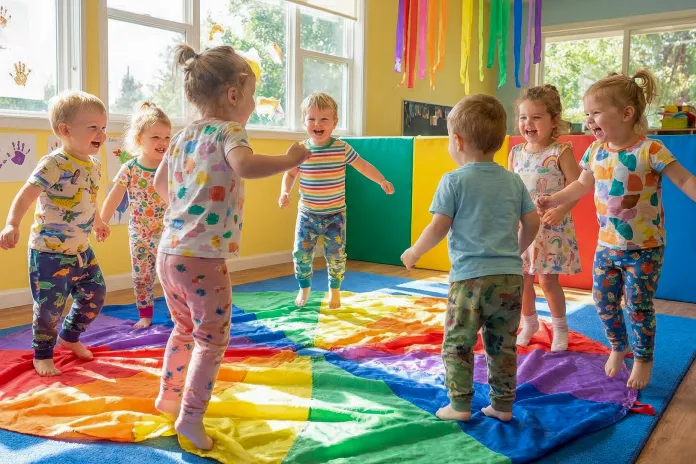 A group of seven young children wearing colorful pajamas is playing on a large rainbow parachute in a sunlit classroom. The walls display colorful handprints, and there are large windows letting in natural light.